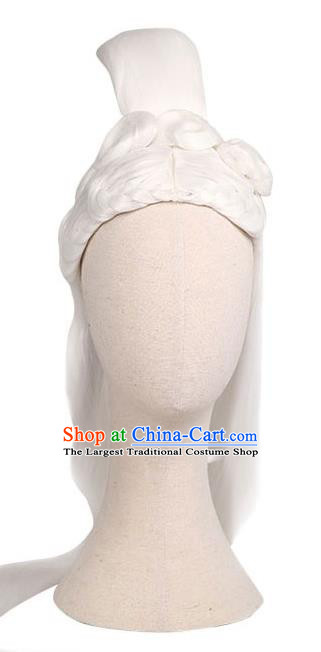 Handmade Chinese Ancient Female Swordsman White Wig Sheath Traditional Warring States Period Princess Rong Le Wigs Chignon