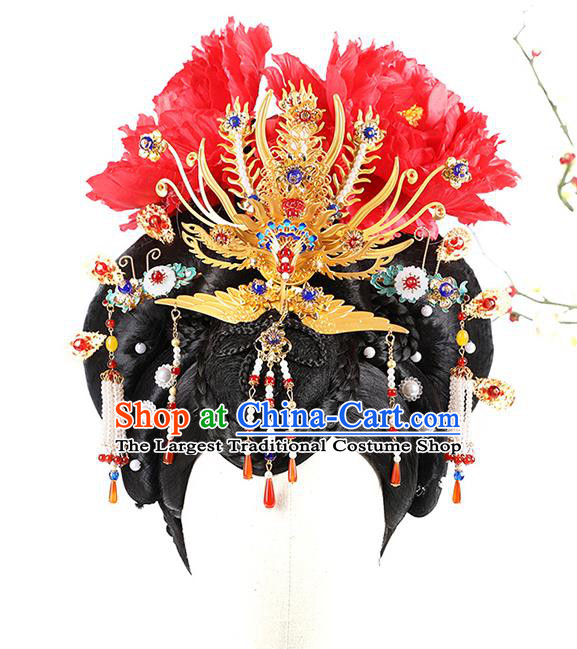 Chinese Ancient Queen Wig Sheath Traditional Tang Dynasty Empress Wu Zetian Wigs Chignon and Hair Jewelry