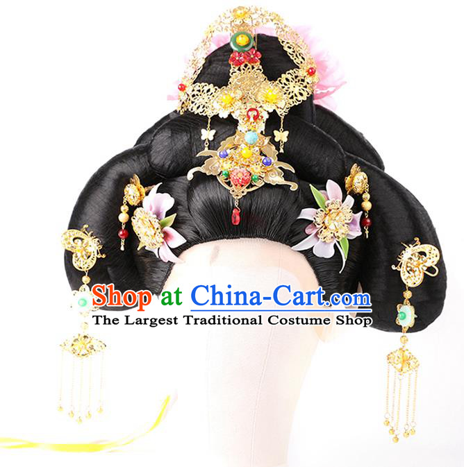 Chinese Ancient Court Woman Wig Sheath Traditional Tang Dynasty Imperial Consort Yang Wigs Chignon and Hair Accessories