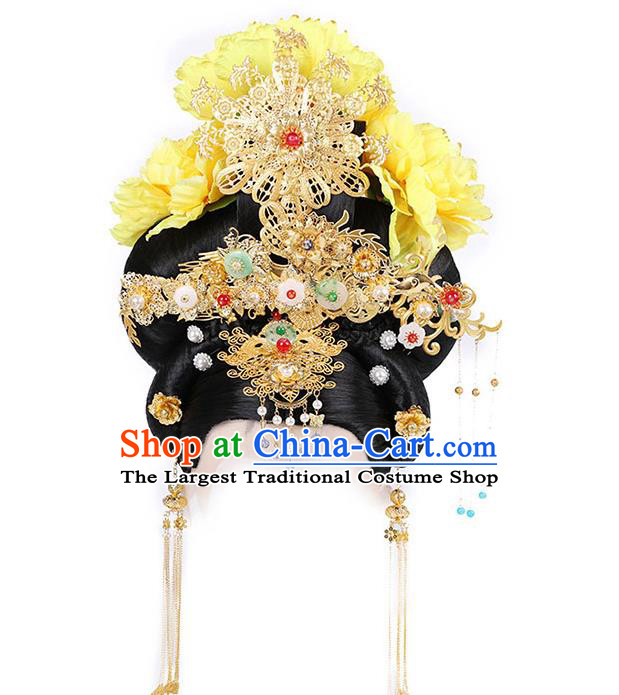 Chinese Ancient Court Woman Wig Sheath Traditional Tang Dynasty Wigs Chignon and Hair Accessories