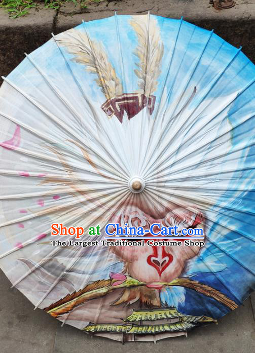 Traditional China Blue Oil Paper Umbrella Handmade Umbrellas Artware Painting Monkey King Umbrella