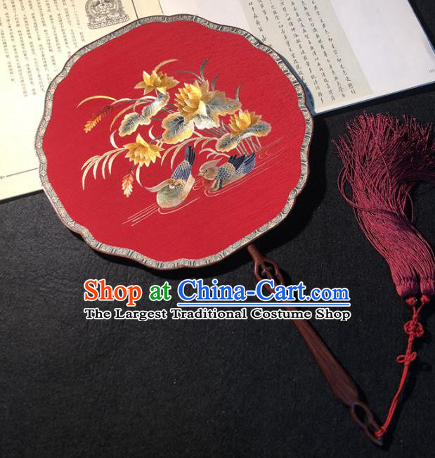 Handmade China Wedding Palace Fan Classical Dance Red Silk Fan Traditional Princess Embroidered Mandarin Duck Fan