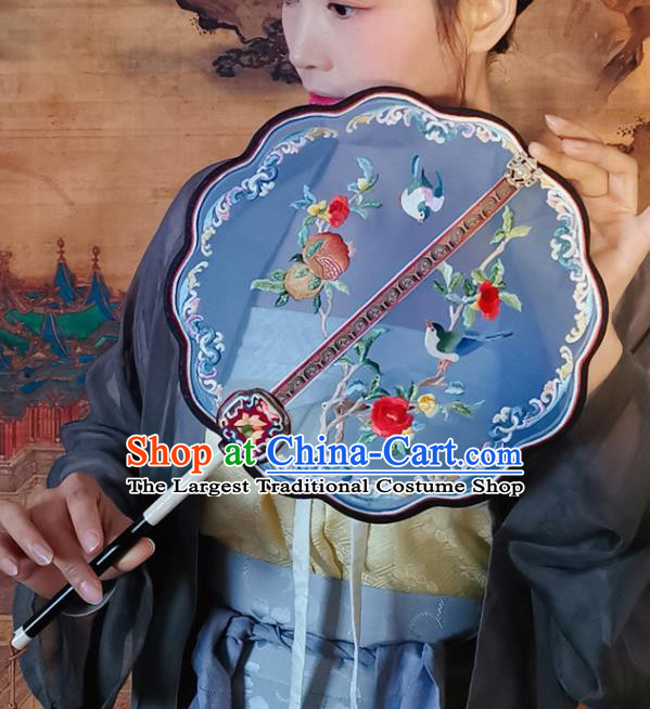 China Handmade Blue Silk Classical Palace Fan Traditional Song Dynasty Hanfu Fan Embroidered Pomegranate Fan