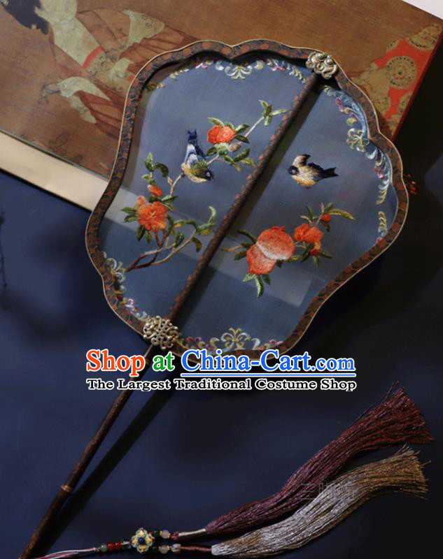 China Traditional Ming Dynasty Hanfu Embroidered Fan Handmade Blue Silk Fan Classical Wedding Palace Fan