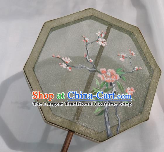 China Handmade Green Silk Octagon Fan Traditional Hanfu Dance Fan Classical Embroidered Palace Fan