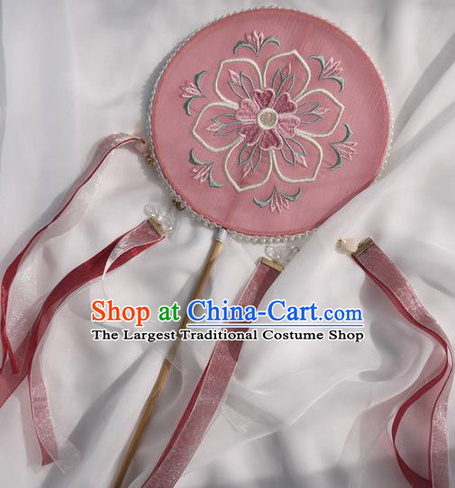 China Handmade Pink Silk Circular Fan Traditional Tang Dynasty Hanfu Fan Ancient Princess Embroidered Palace Fan