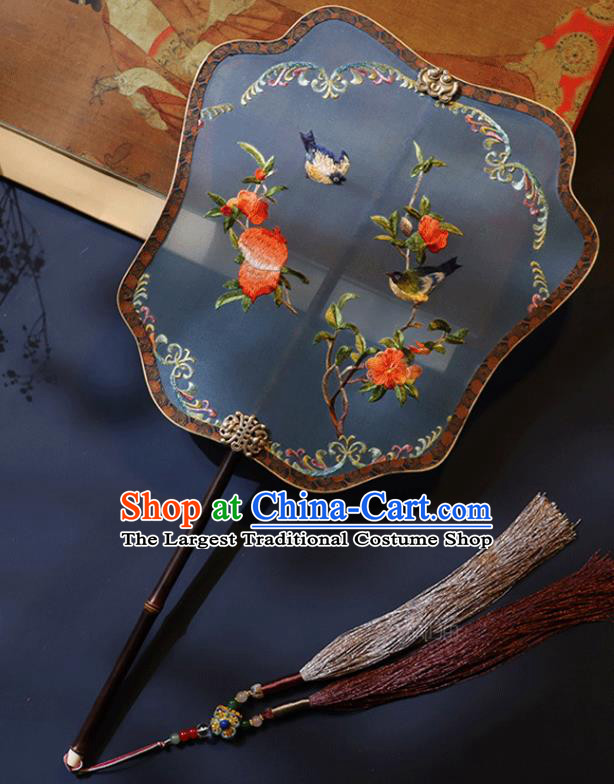 China Handmade Blue Silk Fan Classical Palace Fan Traditional Ming Dynasty Hanfu Embroidered Pomegranate Fan