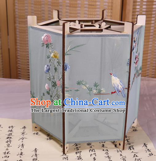 China Traditional Light Blue Silk Hexagon Lanterns Handmade Hanging Lamp Classical Embroidered Peony Palace Lantern