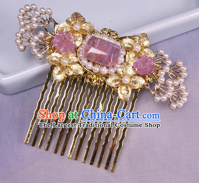 China Tang Dynasty Amethyst Hair Comb Ancient Palace Princess Golden Hairpin