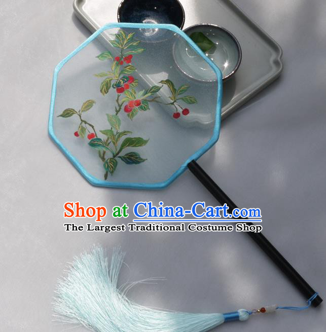 China Handmade Embroidered Cherry Palace Fan Classical Silk Fan Traditional Hanfu Octagon Fan