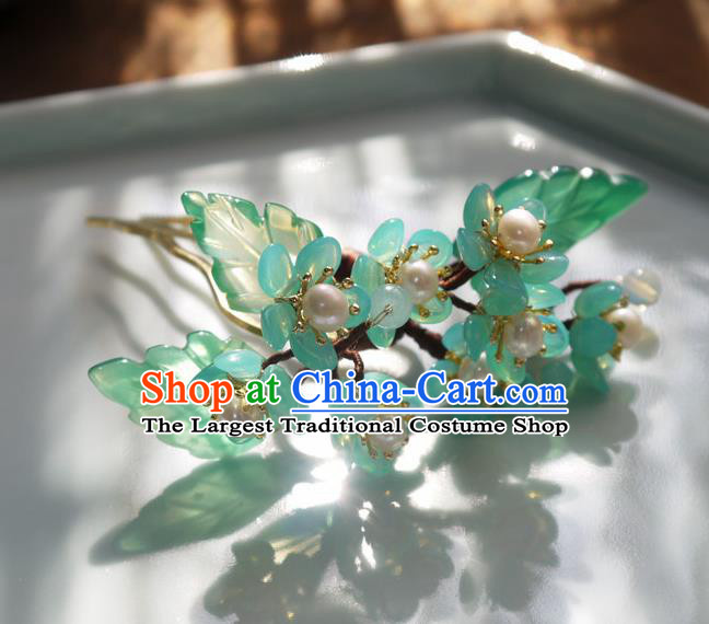 China Traditional Ming Dynasty Hanfu Pearls Hairpin Hair Accessories Handmade Ancient Princess Green Plum Hair Stick