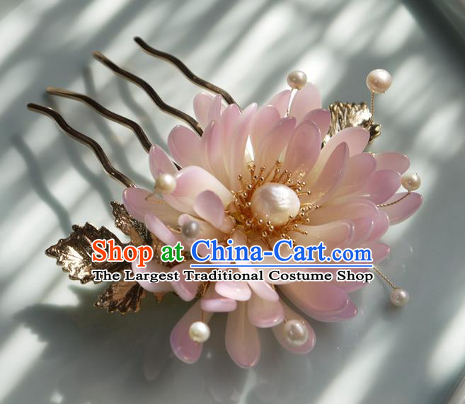 China Traditional Hair Accessories Ming Dynasty Hanfu Pearls Hairpin Handmade Ancient Princess Pink Chrysanthemum Hair Comb