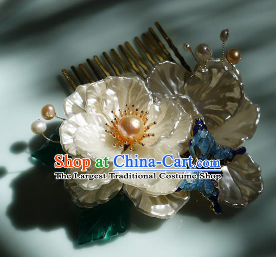 China Handmade Ancient Princess Shell Gardenia Hair Comb Traditional Ming Dynasty Pearls Hairpin