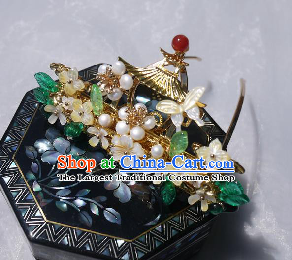 China Traditional Ming Dynasty Pearls Hairpin Handmade Ancient Princess Shell Hair Crown