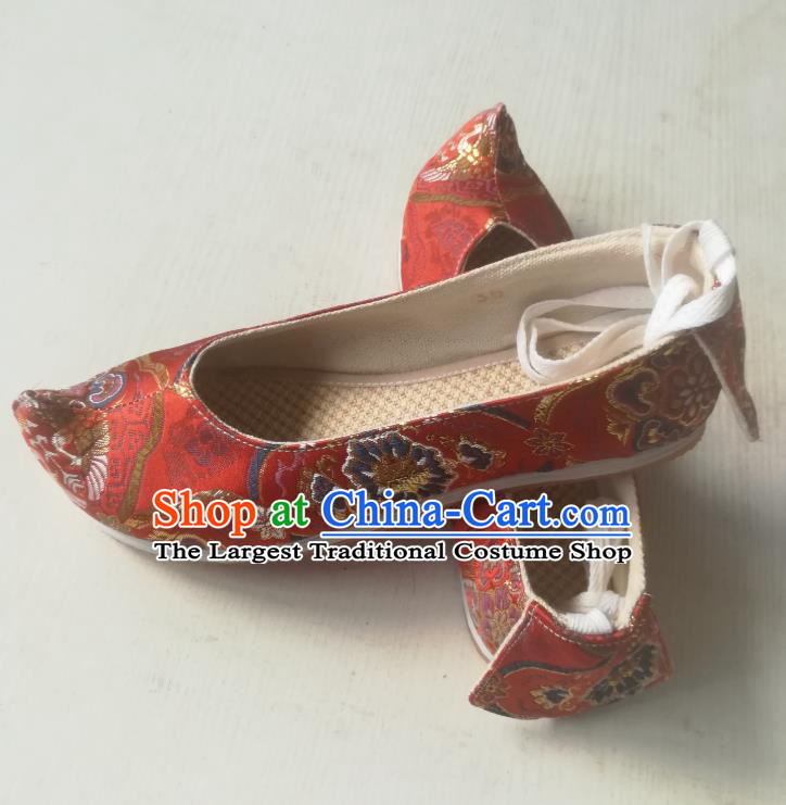 Chinese Handmade Red Brocade Shoes Traditional Hanfu Wedding Bow Shoes Ming Dynasty Bridegroom Shoes