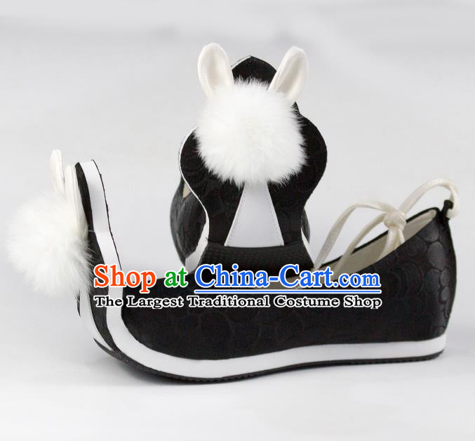 China Traditional Tang Dynasty Princess Shoes Classical Black Brocade Shoes Hanfu Venonat Rabbit Shoes