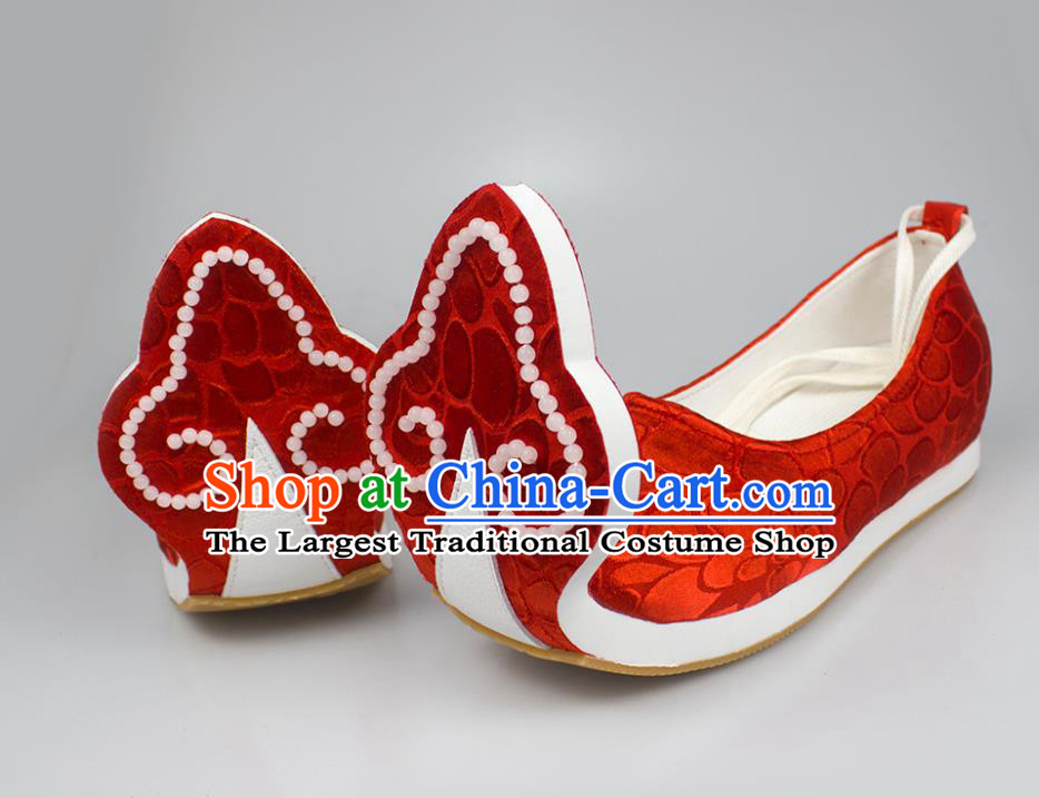 China Traditional Tang Dynasty Princess Shoes Classical Wedding Red Brocade Shoes Hanfu Beads Shoes