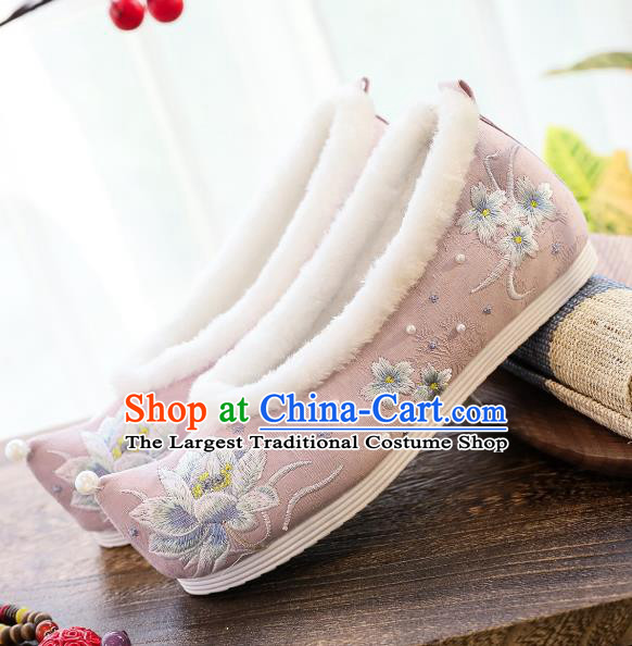 China Traditional Winter Pink Cloth Shoes Hanfu Shoes Classical Embroidered Lotus Shoes