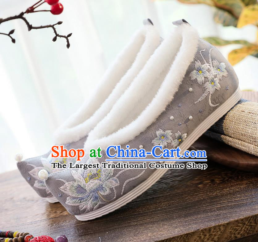 China Hanfu Shoes Classical Embroidered Lotus Shoes Traditional Winter Grey Cloth Shoes