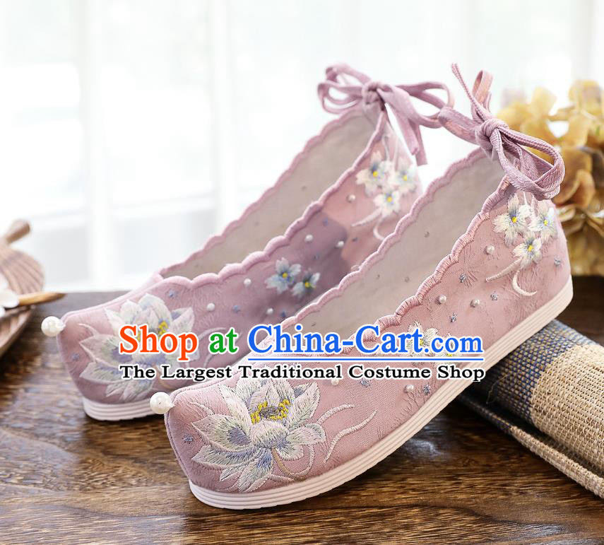 China Traditional Pink Cloth Shoes Classical Embroidered Lotus Shoes Hanfu Bow Shoes