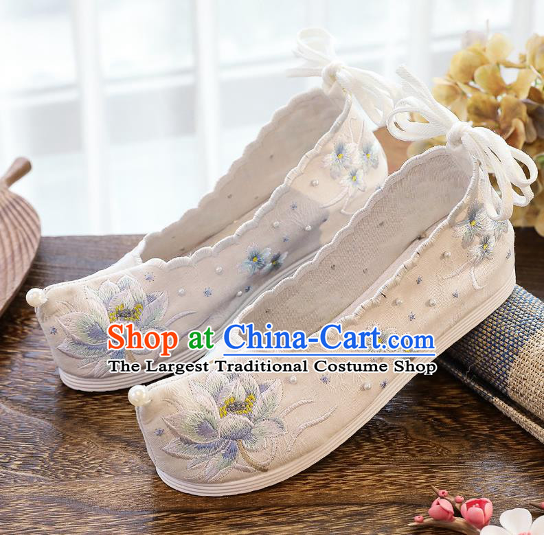 China Hanfu Bow Shoes Traditional White Cloth Shoes Classical Embroidered Lotus Shoes