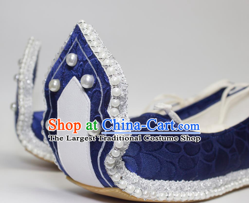 China Tang Dynasty Hanfu Shoes Classical Royalblue Brocade Shoes Traditional Wedding Pearls Shoes