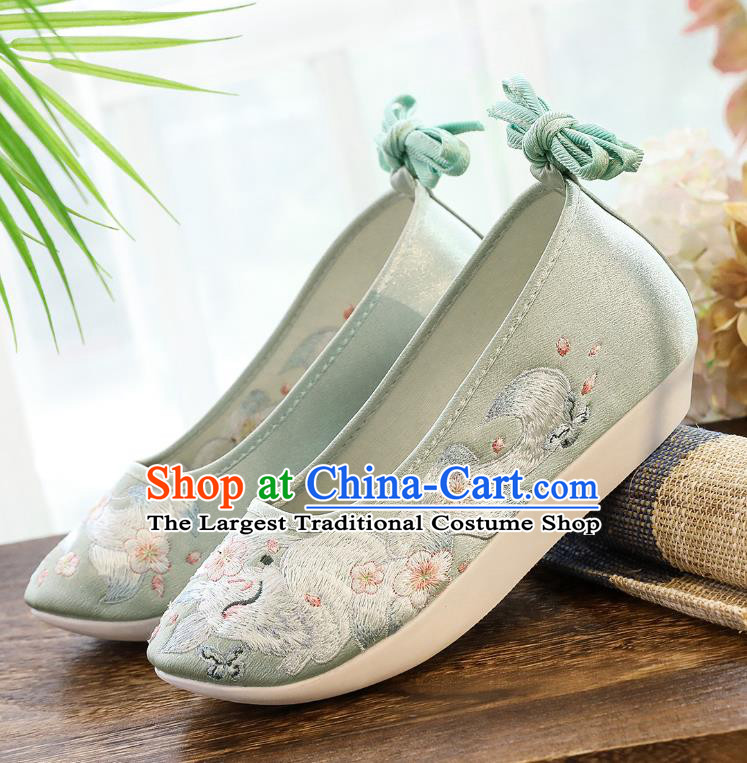 China Traditional Hanfu Shoes Winter Women Shoes Classical Embroidered Fox Light Green Satin Shoes