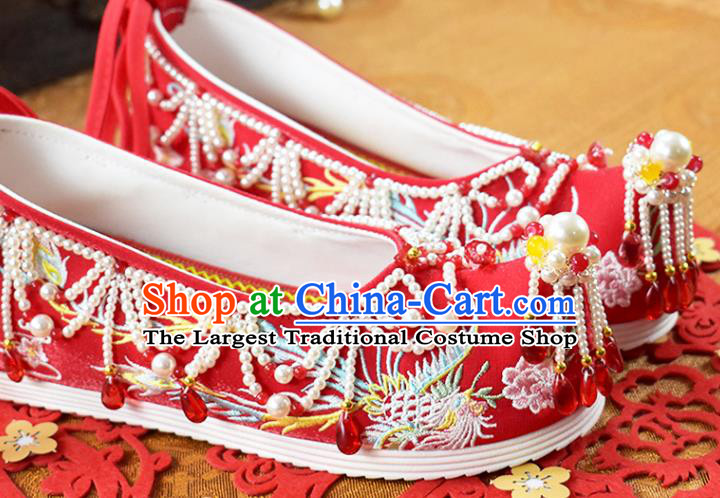 China Wedding Shoes Traditional Hanfu Shoes National Embroidered Phoenix Red Cloth Shoes