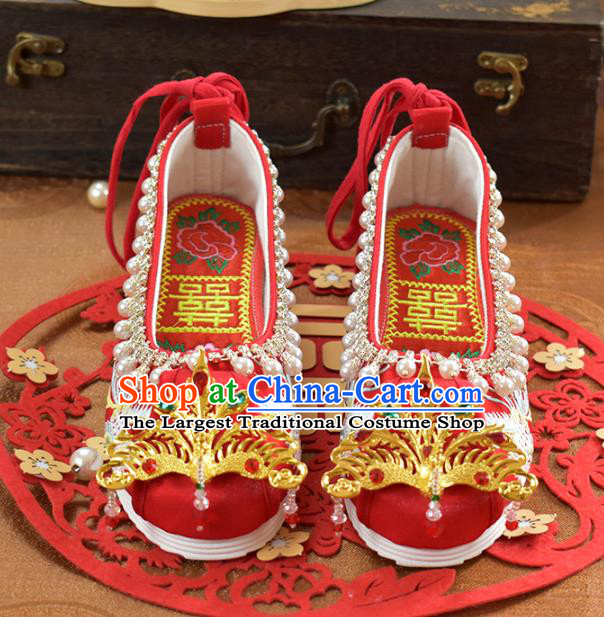 China Wedding Shoes Traditional Xiuhe Suit Red Cloth Shoes Women Golden Phoenix Shoes