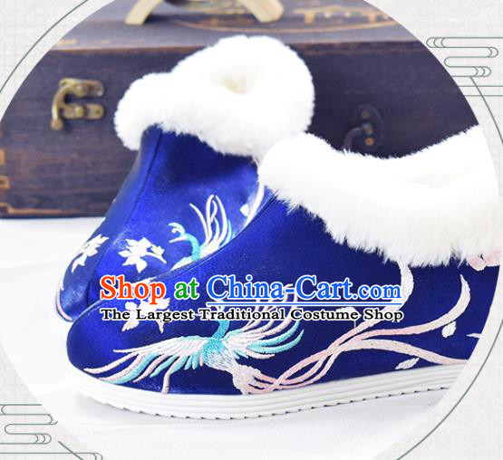 China Royalblue Cloth Shoes Traditional Wedding Shoes National Embroidered Phoenix Shoes