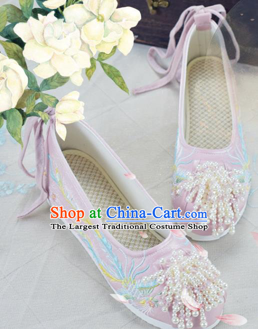 China Wedding Beads Tassel Shoes Traditional Xiuhe Suit Shoes Women Pink Embroidered Shoes