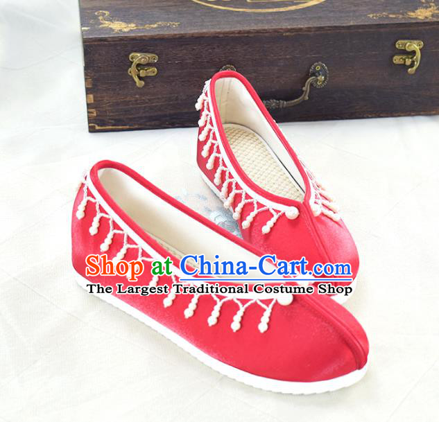 China National Women Beads Tassel Shoes Traditional Hanfu Shoes Wedding Red Satin Shoes