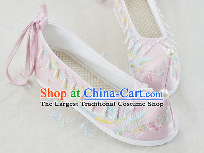 China Traditional Women Hanfu Shoes Pink Embroidered Shoes National Beads Tassel Shoes