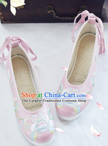 China National Pink Cloth Shoes Traditional Women Hanfu Shoes Embroidered Peony Shoes