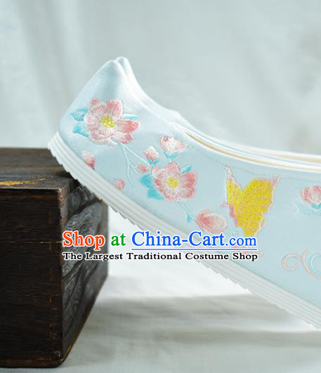 China Embroidered Peach Blossom Shoes National Wedding Shoes Women Light Blue Cloth Shoes Traditional Hanfu Bow Shoes