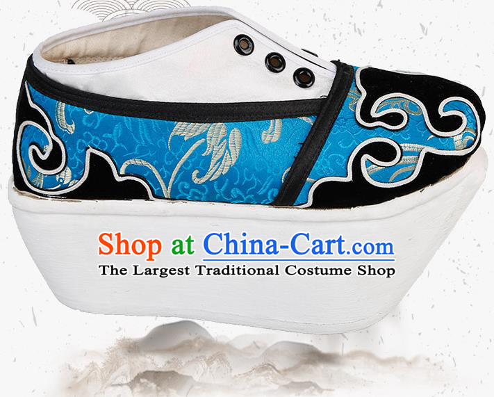 Chinese Traditional Beijing Opera Niche Shoes Handmade Ancient Scholar Blue Brocade Shoes