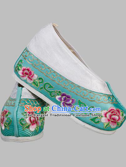 China Traditional Peking Opera Diva Embroidered Peony Shoes Ancient Princess Blue Satin Shoes