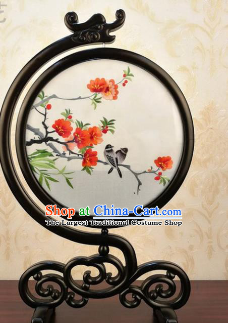 China Handmade Blackwood Table Screen Traditional Double Side Embroidered Begonia Silk Craft