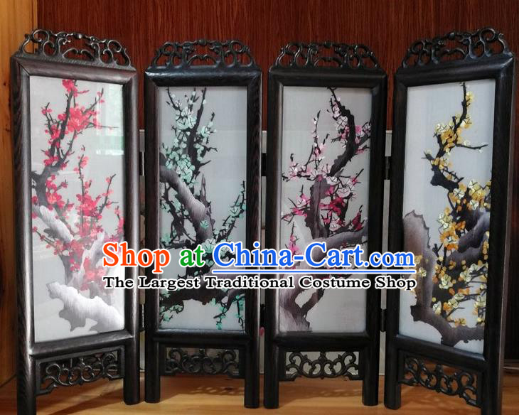 Chinese Handmade Rosewood Craft Suzhou Embroidery Plum Blossom Silk Folding Screen Desk Ornaments