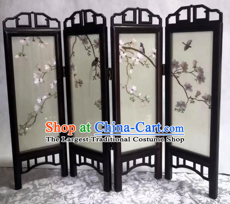 Chinese Suzhou Embroidery Mangnolia Table Screen Handmade Desk Ornaments Rosewood Folding Screen Craft