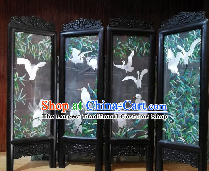 Chinese Handmade Desk Decoration Suzhou Embroidered Reed Cranes Table Screen Blackwood Folding Screen