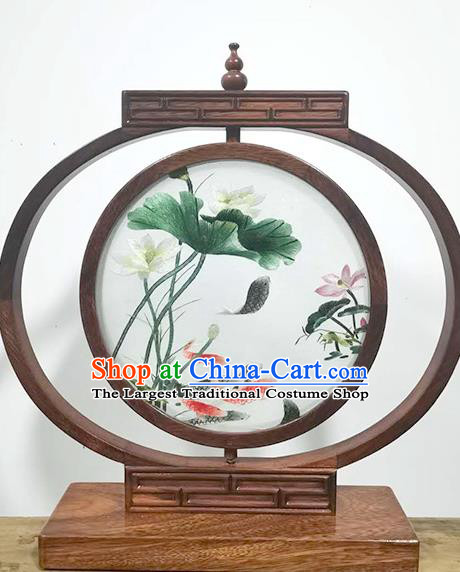 China Handmade Wood Desk Lantern Decoration Table Screen Suzhou Embroidered Lotus Fish LED Bedside Lamp