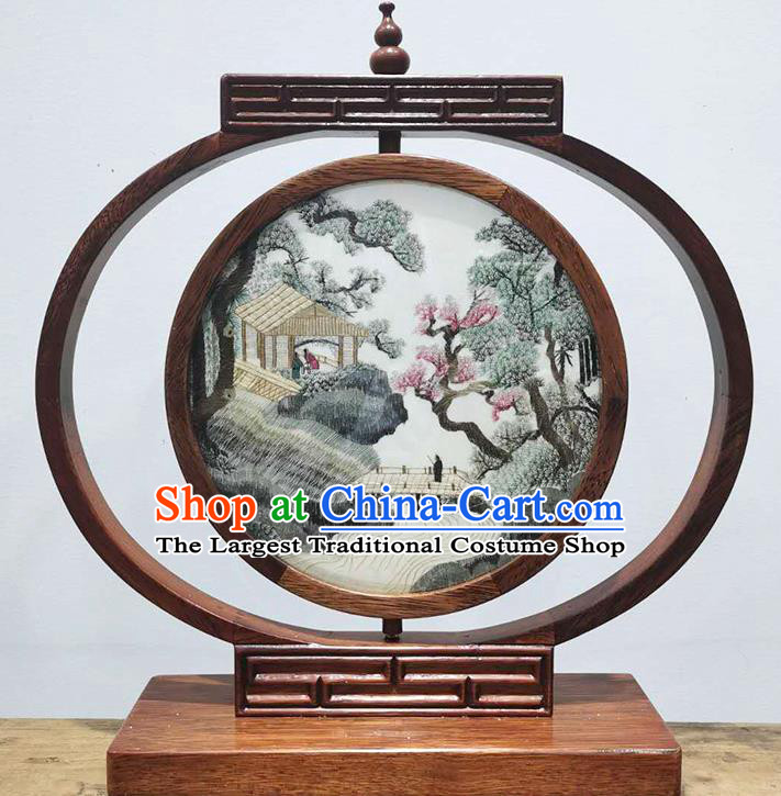 China Table Screen Suzhou Embroidered Mount Pavilion LED Bedside Lamp Handmade Wood Desk Lantern Decoration