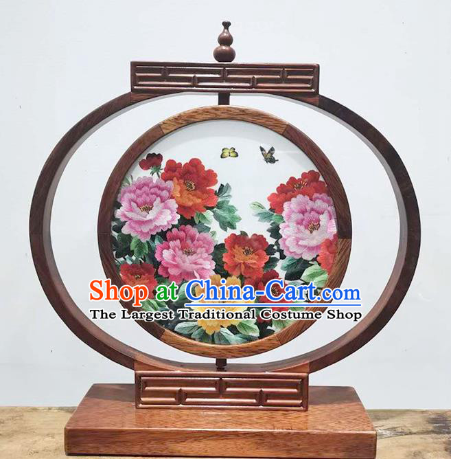 China Suzhou Embroidered Peony Bedside Lamp Handmade Wood Table Screen Decoration LED Desk Lantern