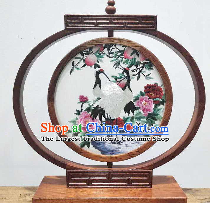 China Handmade Wood Table Screen Decoration LED Desk Lantern Suzhou Embroidered Crane Peony Bedside Lamp