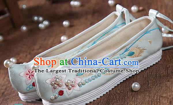 China Traditional Hanfu Pearls Shoes Embroidered Peach Blossom Green Satin Shoes Ancient Ming Dynasty Princess Shoes