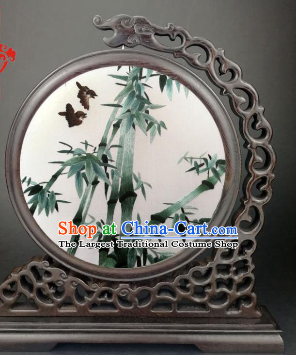 China Handmade Panel Craft Wenge Screen Traditional Suzhou Embroidery Bamboo Table Screen