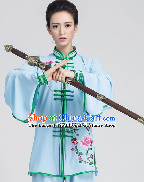 China Kung Fu Tai Chi Competition Costumes Traditional Embroidered Flowers Blue Outfits