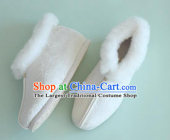 China Traditional Hanfu White Brocade Short Boots National Winter Women Cotton Padded Shoes