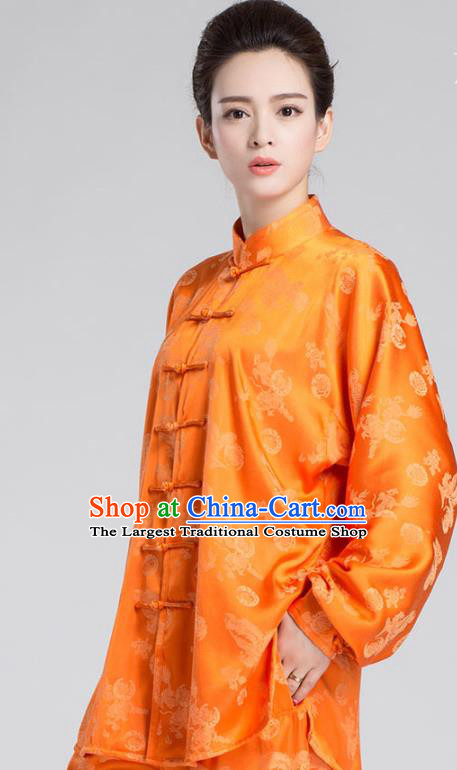 China Kung Fu Training Uniforms Traditional Martial Arts Orange Silk Apparels